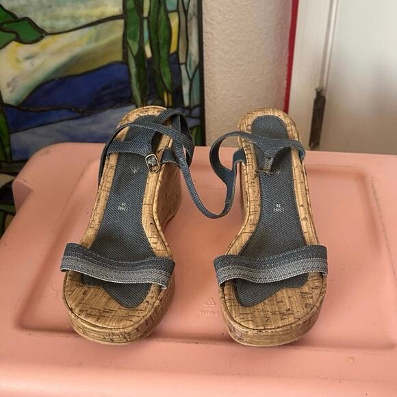 lower east side denim wood platform wedge sandal heels shoes - Picture 2 of 5